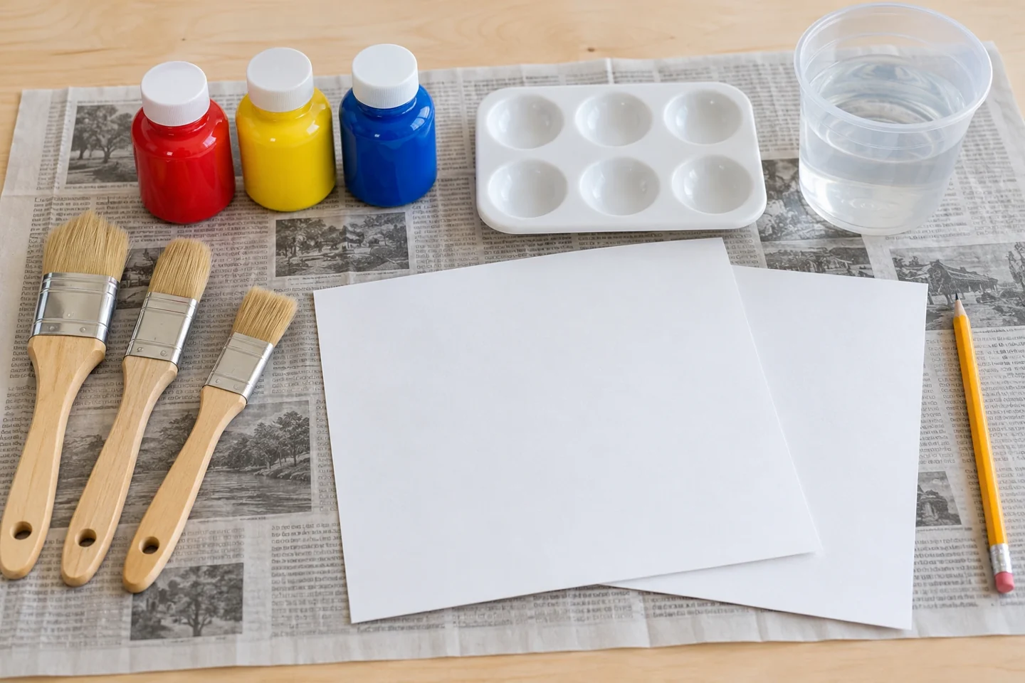 Three paint colors, three brushes, empty tray, water and blank paper