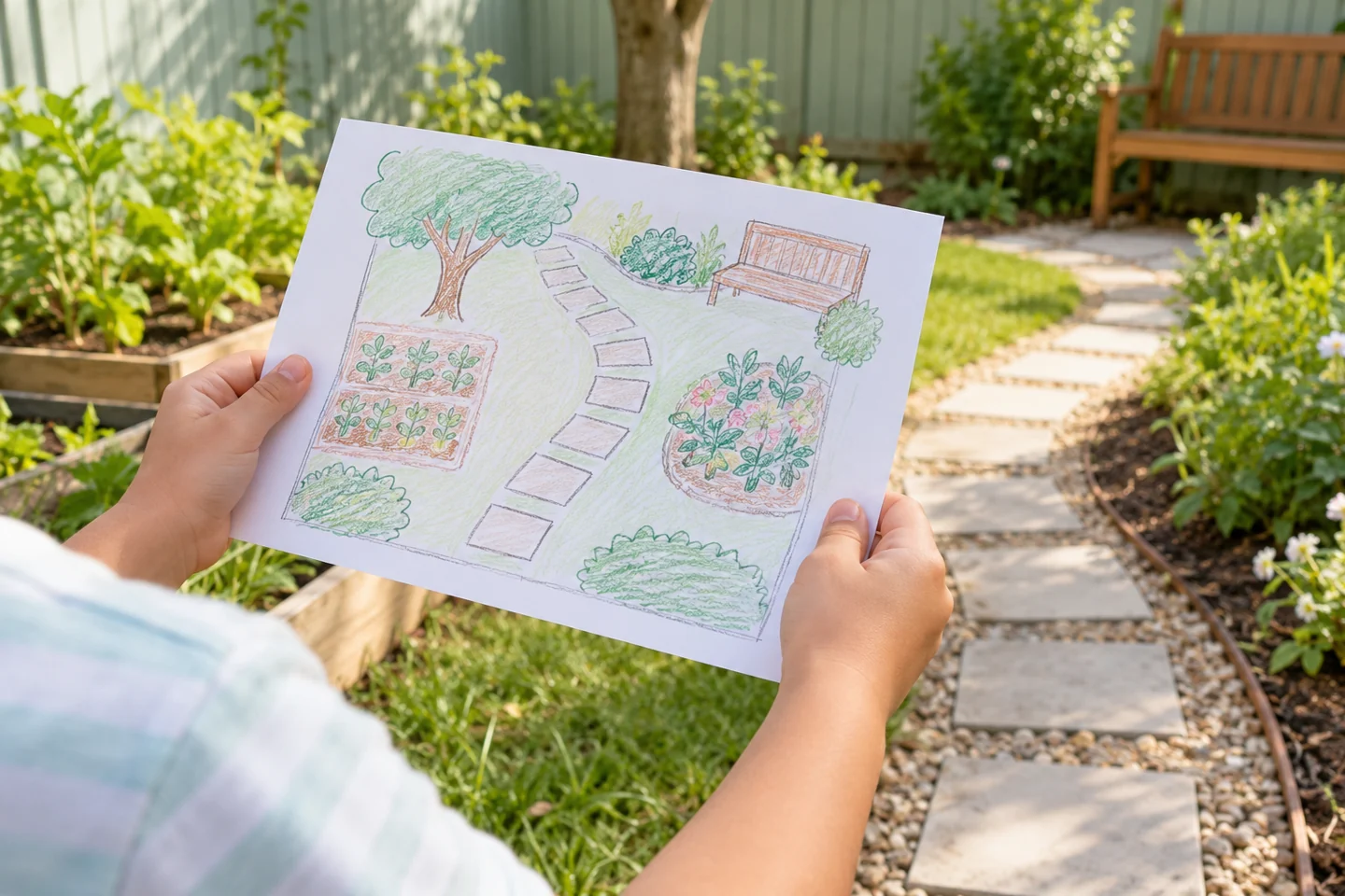 Completed map beside real small garden path with landmarks visible.