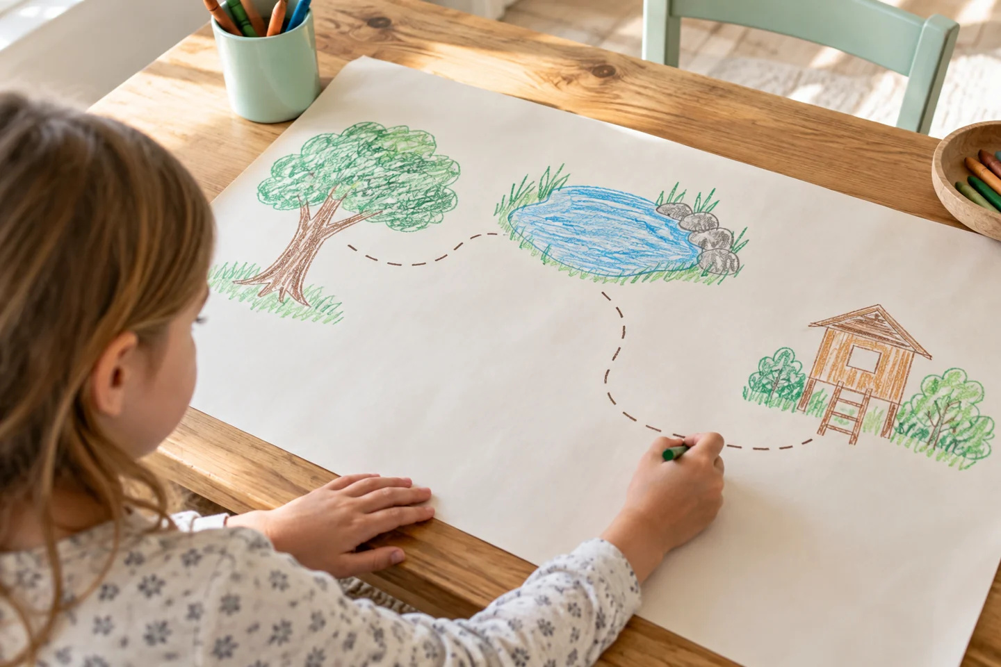 Paper boundary with three large drawn landmarks and ample blank space.