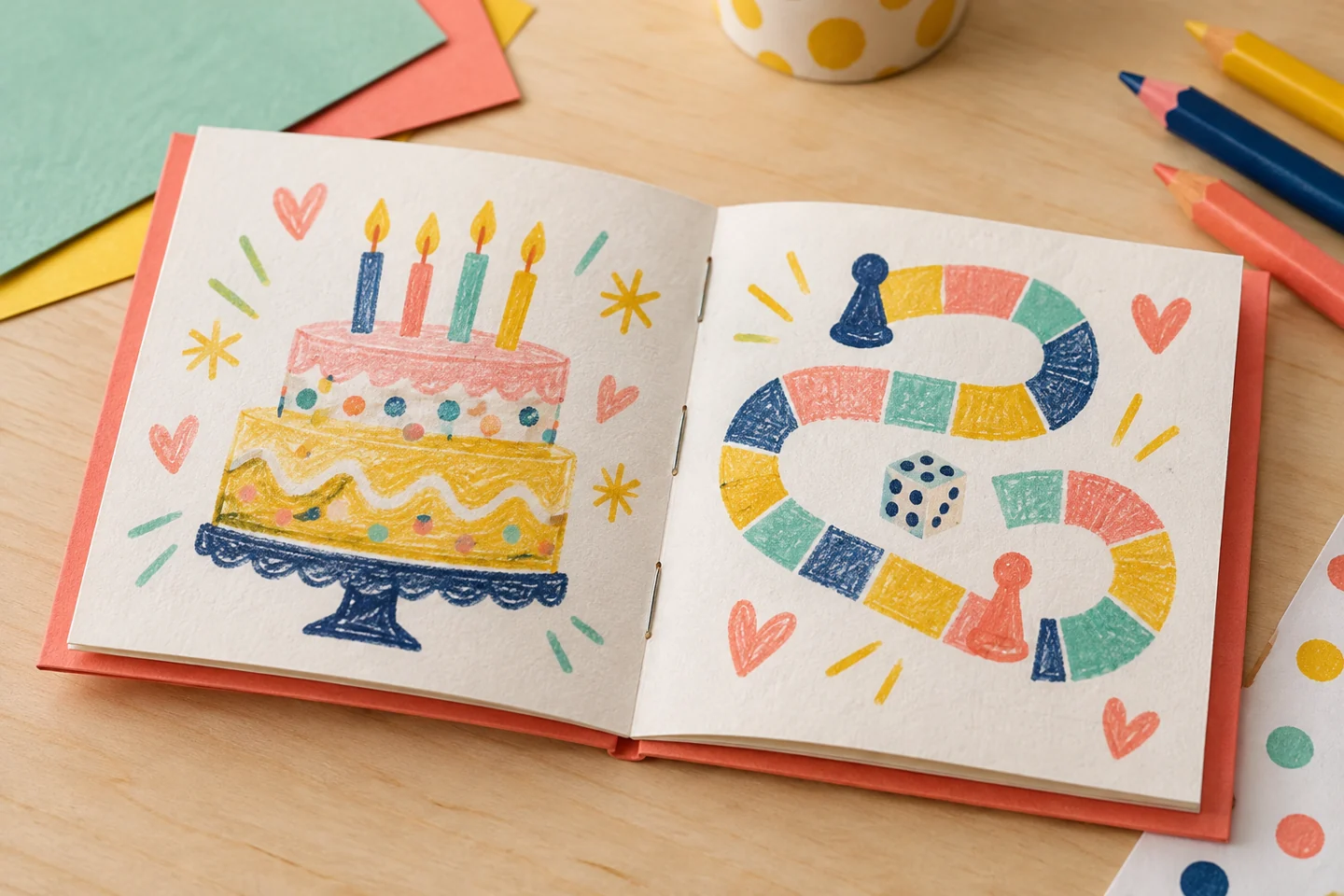 assembled booklet open to drawings of a cake and a shared game