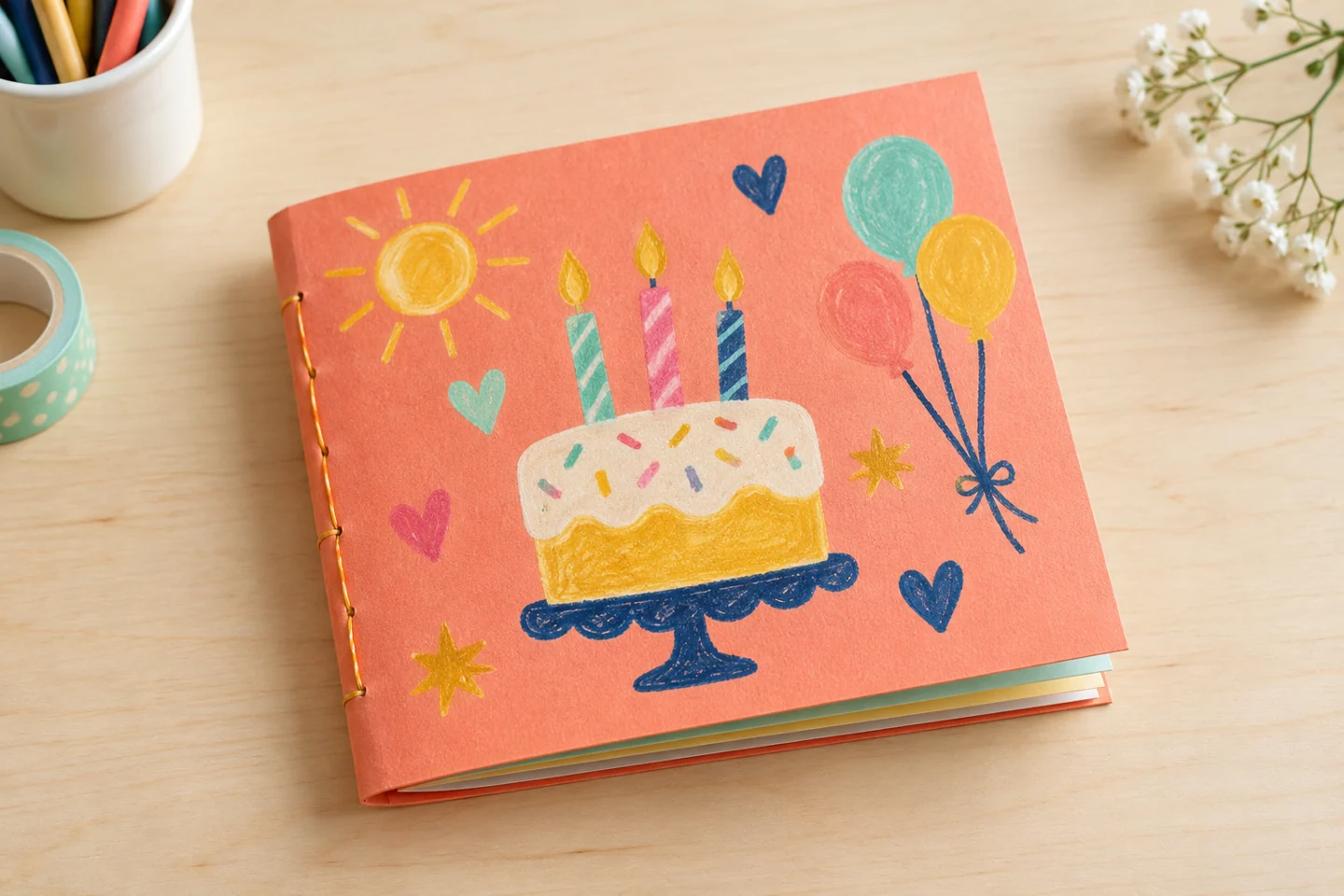 small folded birthday memory booklet coral cardstock cover with colorful childlike drawings