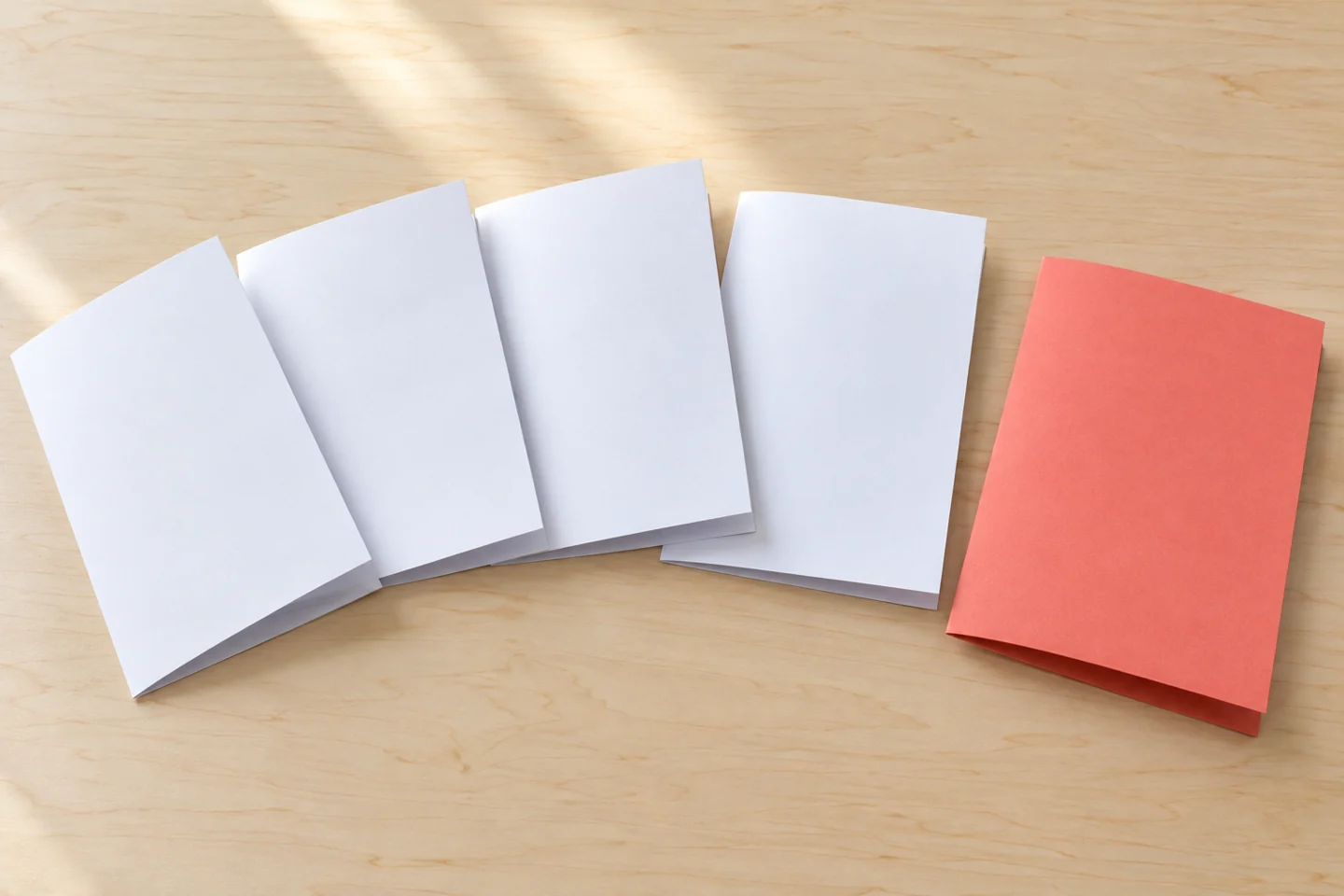 Four separate folded WHITE blank paper sheets and one folded CORAL blank cardstock cover laid beside each other, no drawings or finished booklet, no binding yet