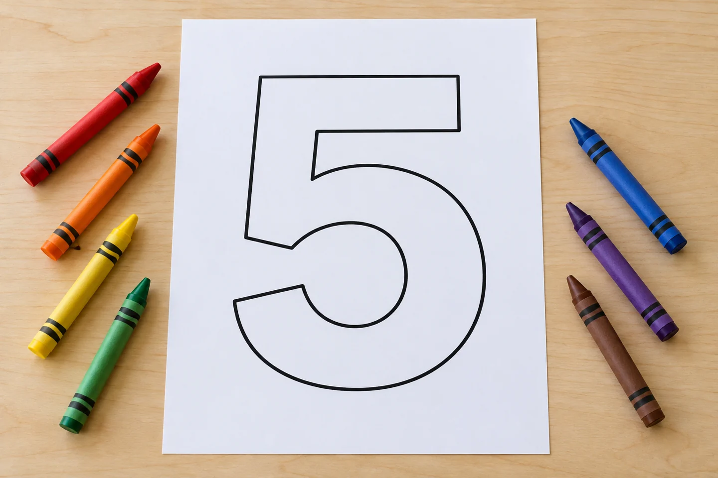 One white cardstock sheet with a single large HOLLOW black outline of numeral 5 and entirely empty interior, crayons beside it