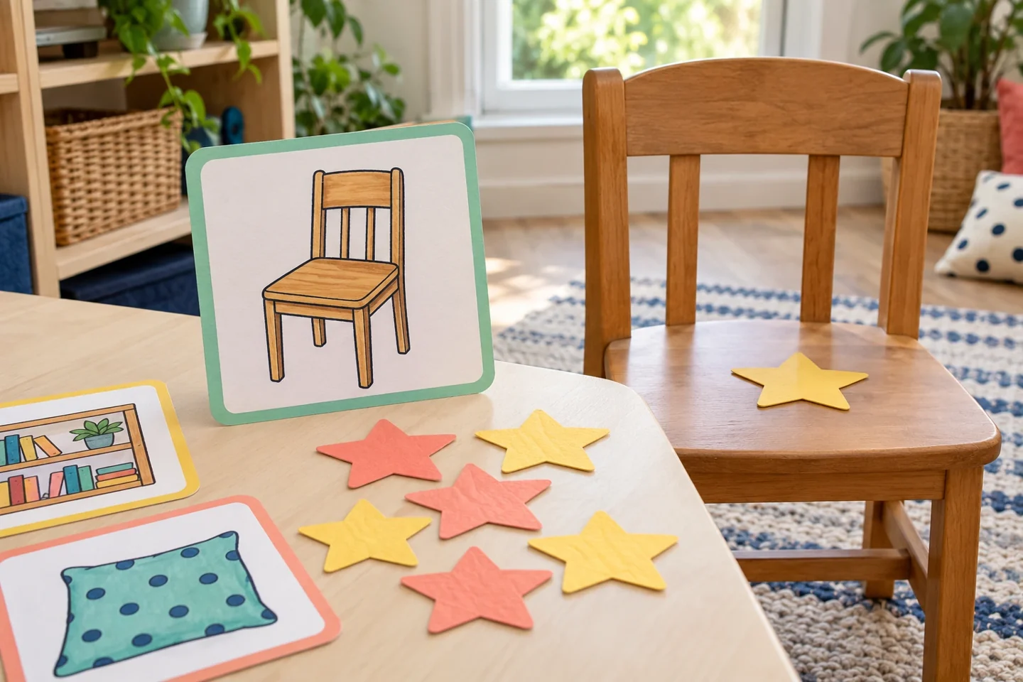 A chair clue beside a real chair and a visible star token