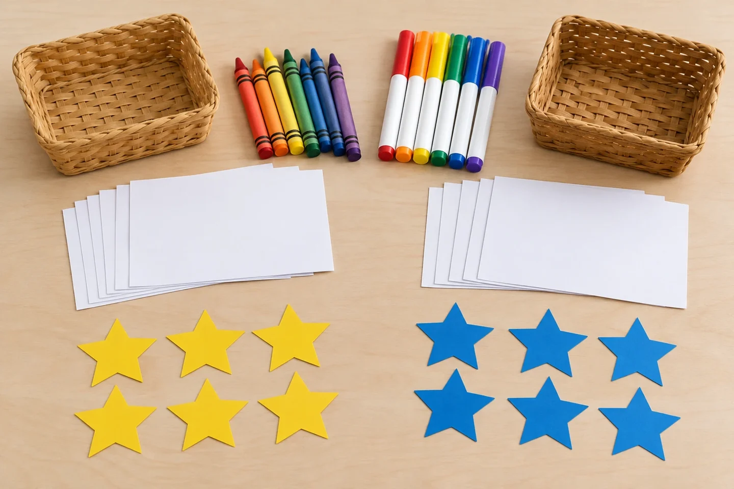 Blank clue cards, flat paper stars, crayons and collection baskets