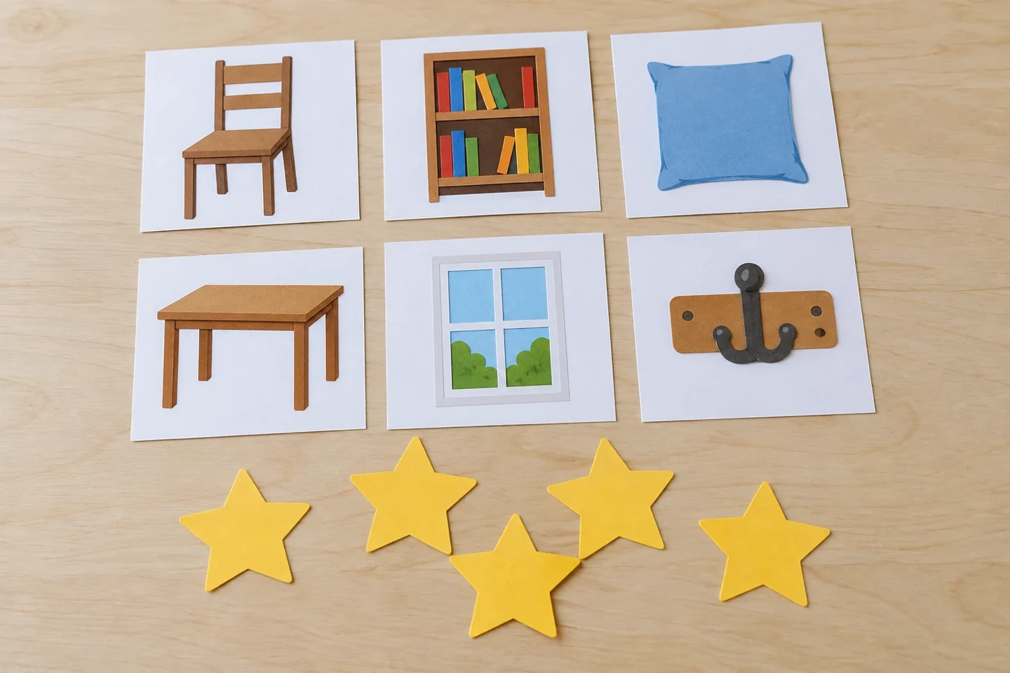 Six familiar-object clue drawings beside flat star tokens