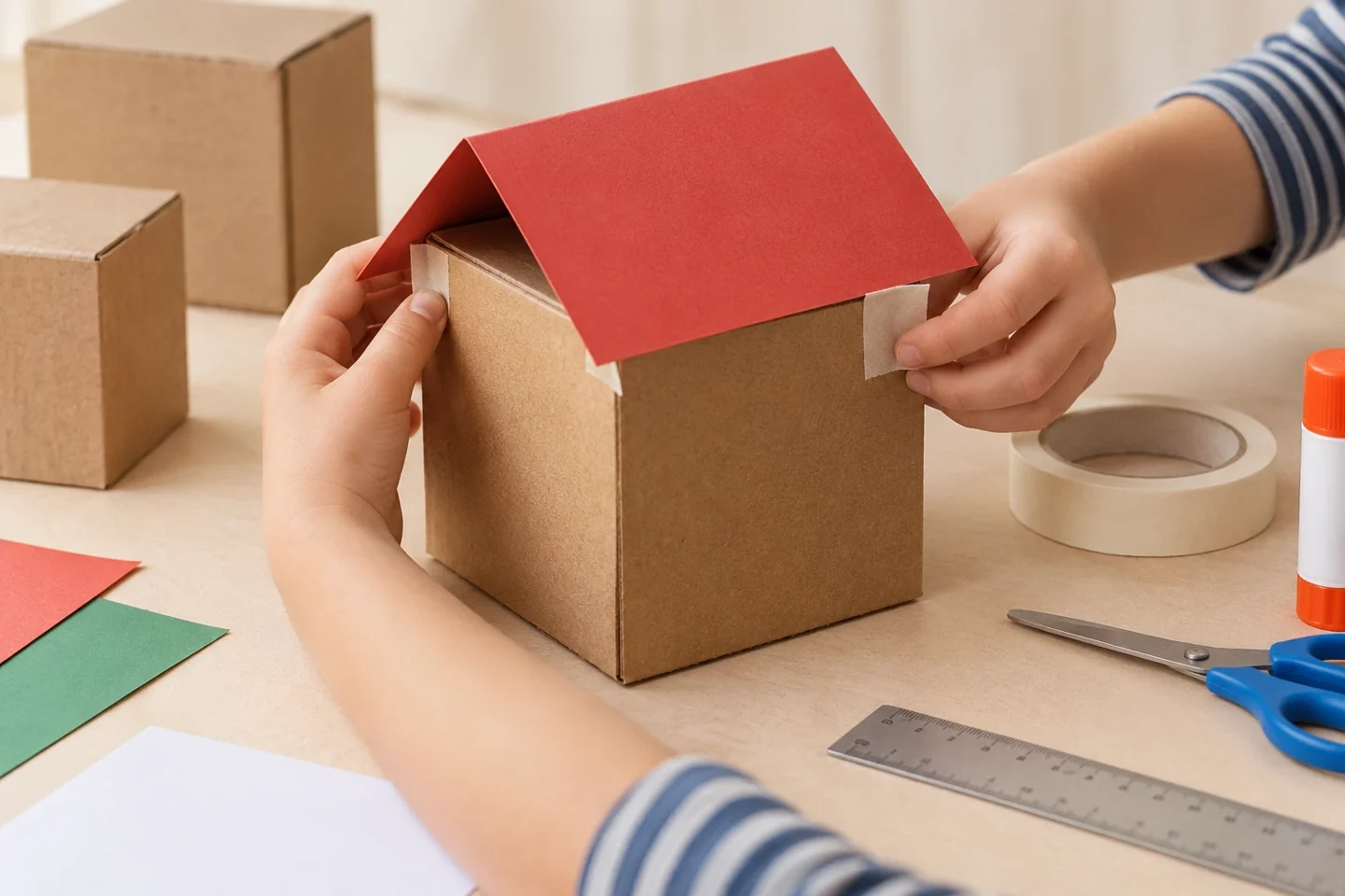 Tape the roof edges to opposite box sides, leaving two clear slopes and an overhang.