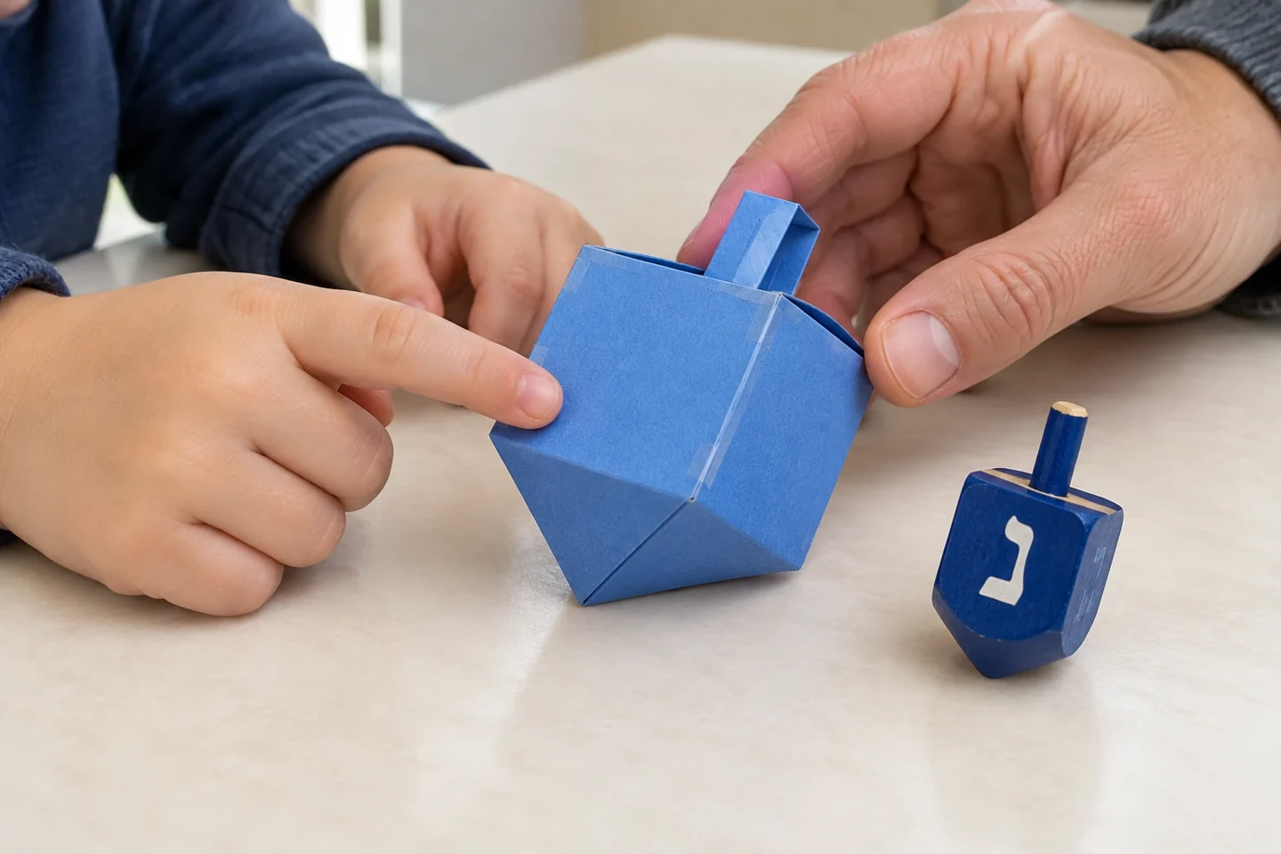 A child and adult examining an unlettered finished cardboard dreidel display model beside a real dreidel at a craft table