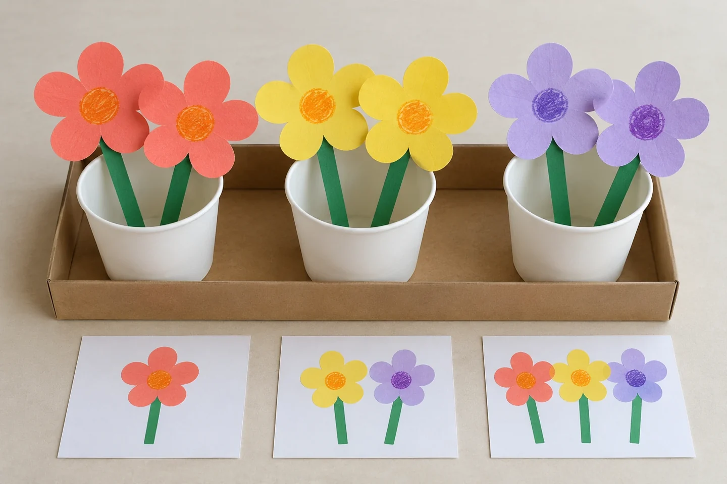 two coral two yellow two lavender blooms, two stems in each of three cups in a flat shallow display tray, three picture-only order cards showing one two and three flowers