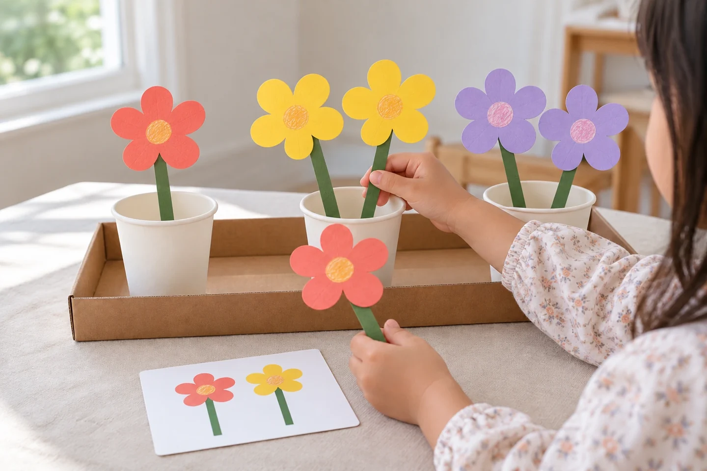six flat coral yellow lavender paper flowers with green cardboard stems in three paper cups, shallow box used flat as a display tray