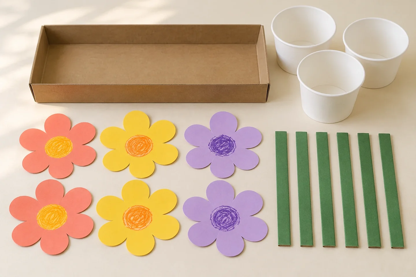 Six separate paper flower heads and six green-paper-wrapped cardboard stems beside an empty shallow tray and three cups