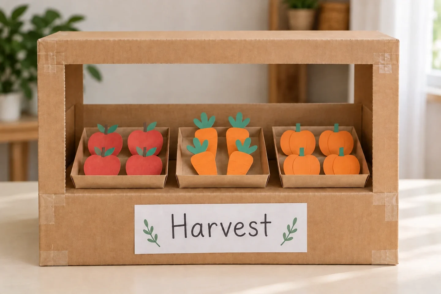 The finished harvest stand holds four apples, four carrots and four pumpkins.