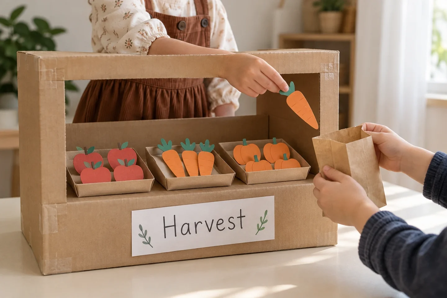 Children trade paper produce at a small cardboard harvest stand.
