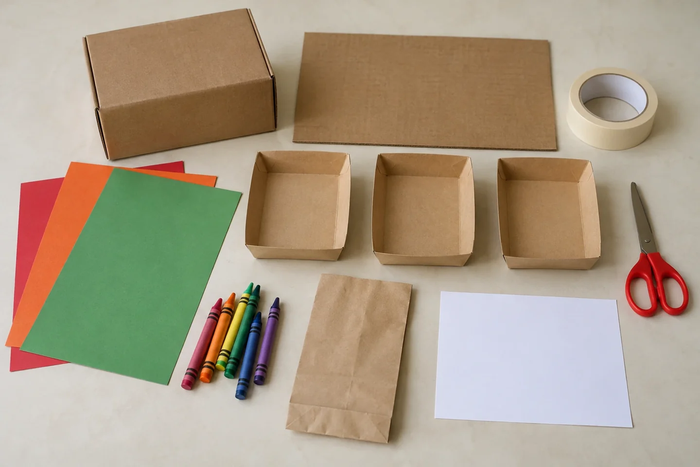 A box, cardboard rectangle, paper, three empty trays and pretend-play supplies.