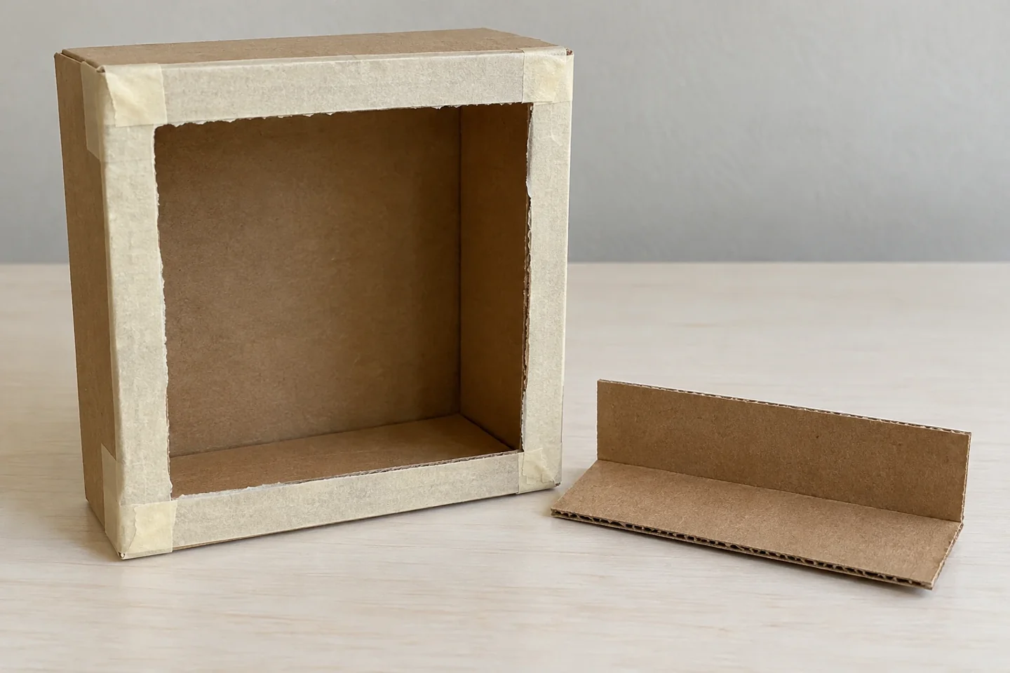 The opened box stands beside an L-folded counter piece before attachment.