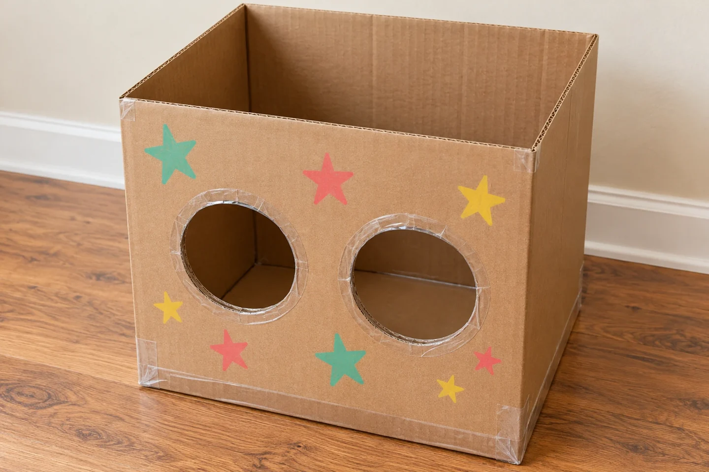Closeup adult-prepared target shows both round openings taped along edges and closed taped bottom, open top for retrieval, box stable against wall