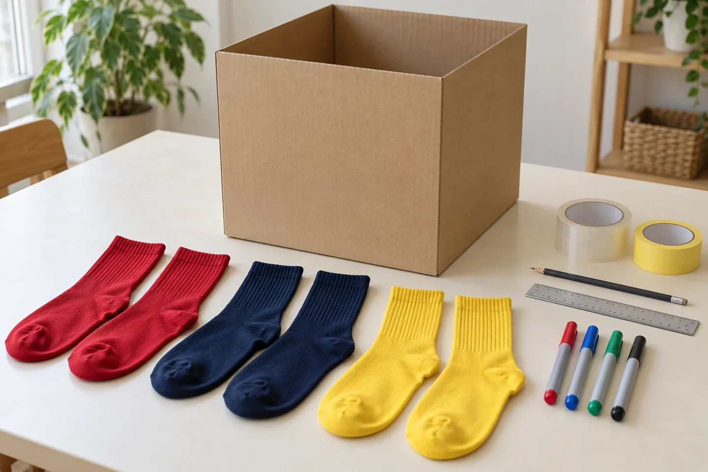 One clean empty 18 inch square box, three loose pairs of socks, pencil, ruler, markers, wide tape and painter’s tape, separate before building