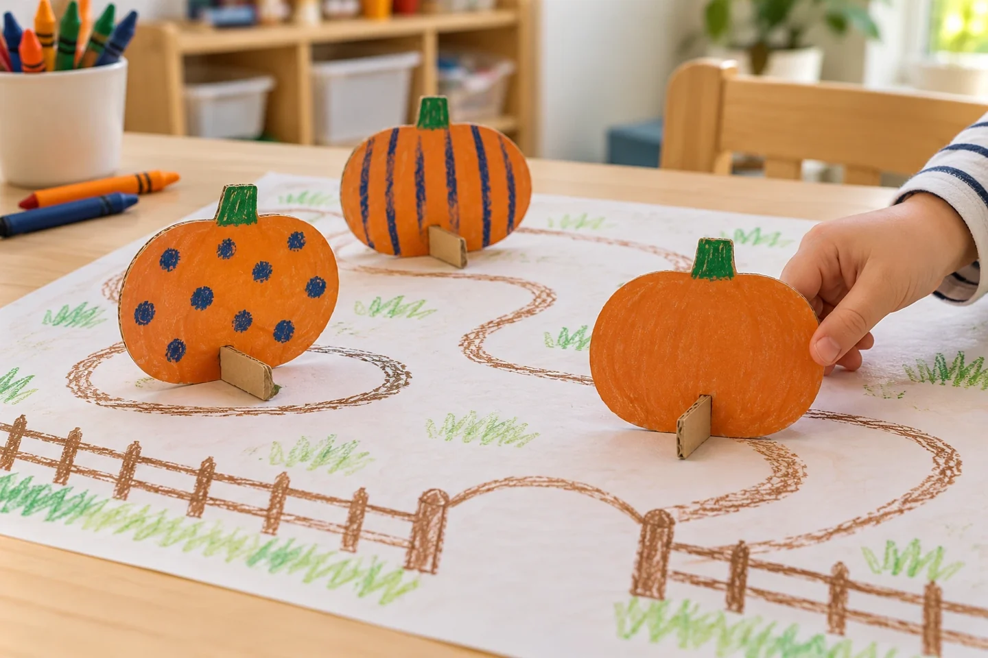 A child moves three standing cardboard pumpkins around a hand-drawn pumpkin-patch map.