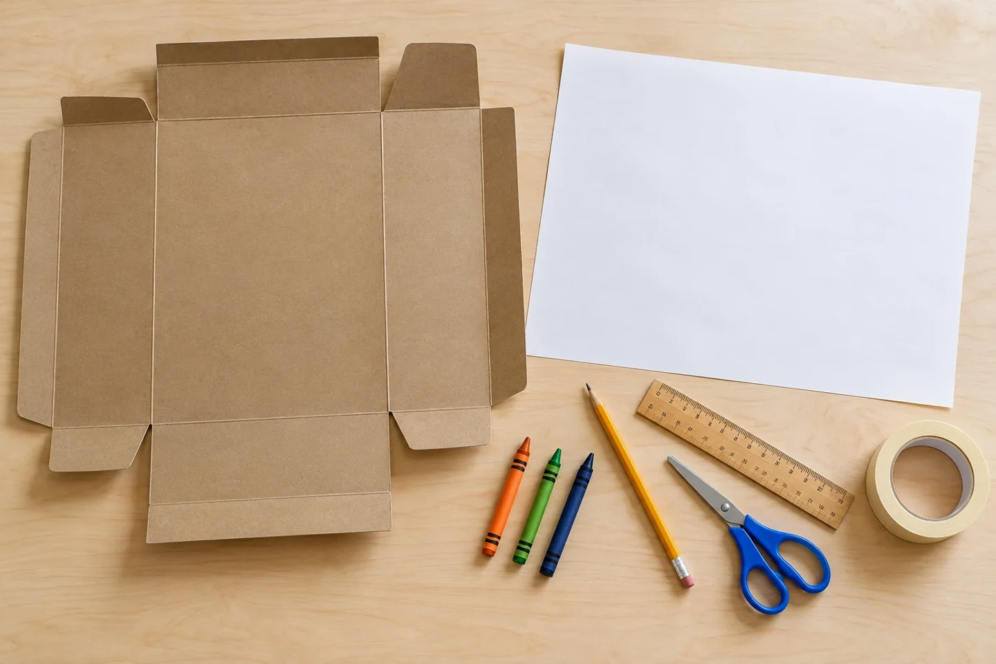 Opened plain cereal-box cardboard, blank map paper, crayons, scissors, ruler, pencil and masking tape.