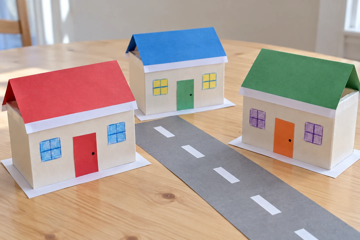 Three cardboard winter houses on base with clear paper roads and white snow patches