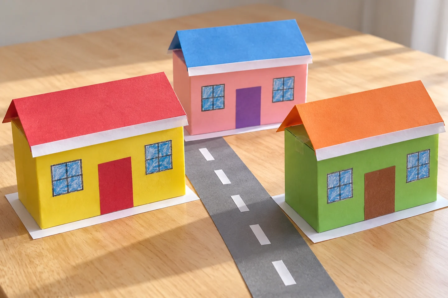 Three cardboard winter houses on base with clear paper roads and white snow patches