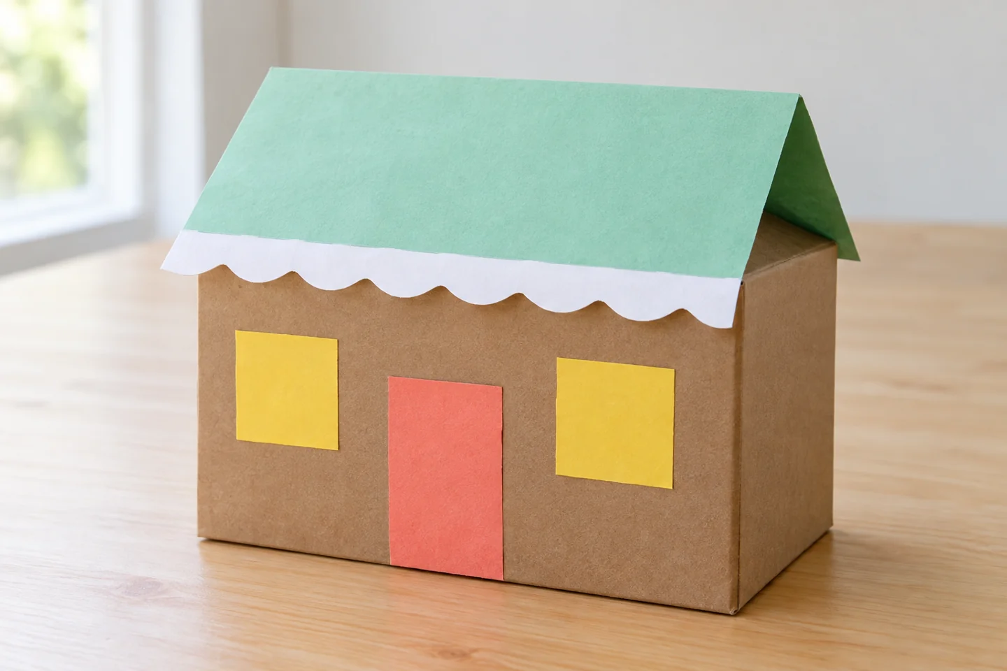 Colored folded roof secured onto carton with tape tabs and paper snow edging