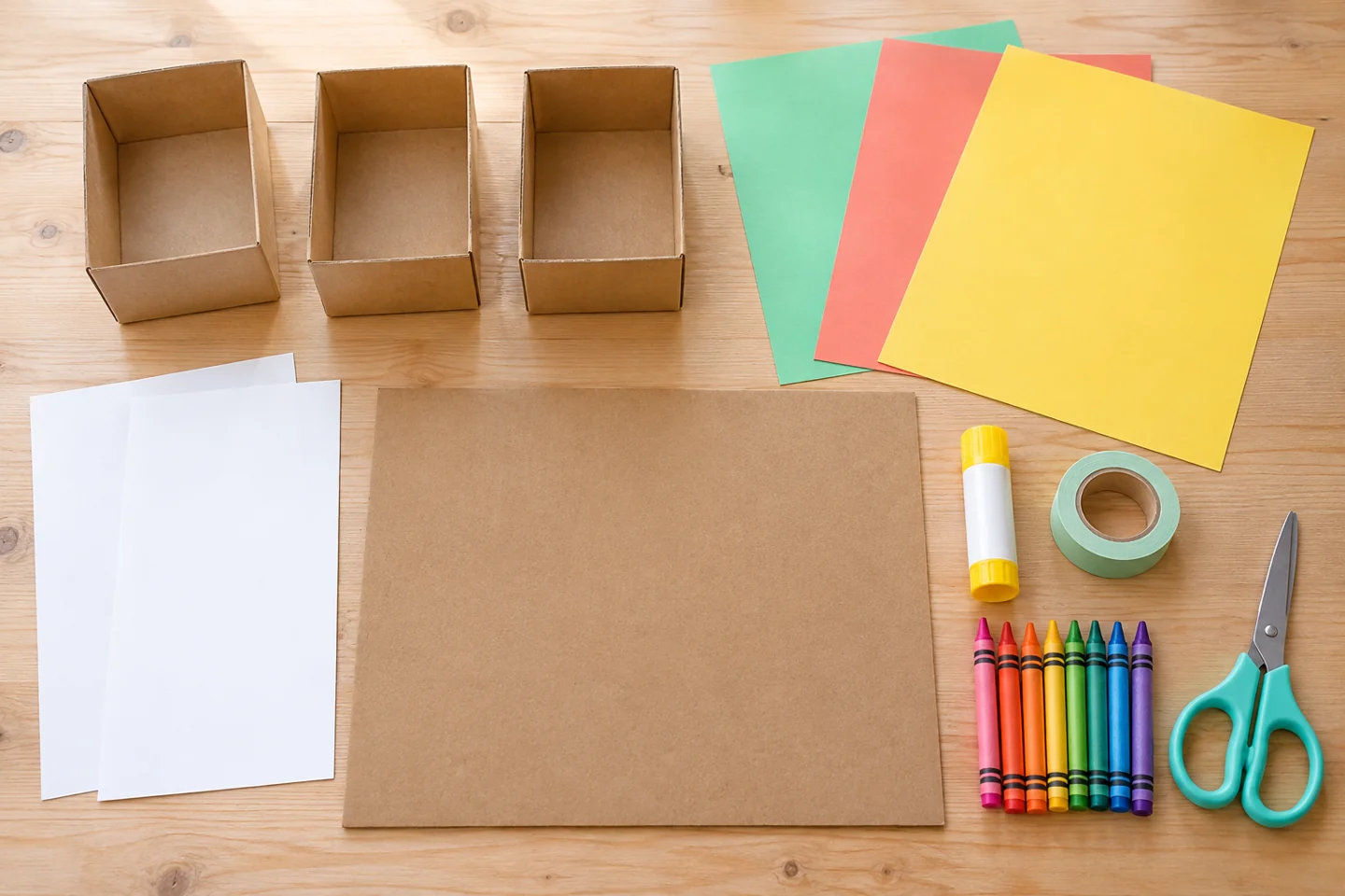 Materials for build a cardboard winter village, arranged on a table