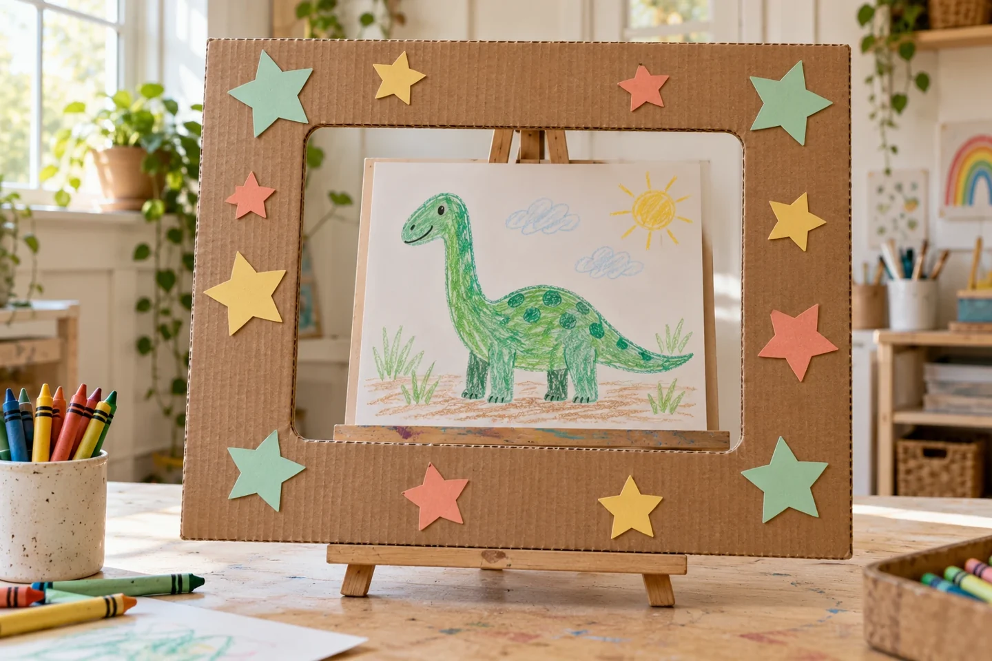 Wide cardboard celebration frame around a child-made dinosaur drawing on a table easel, mint coral and yellow flat stars on border