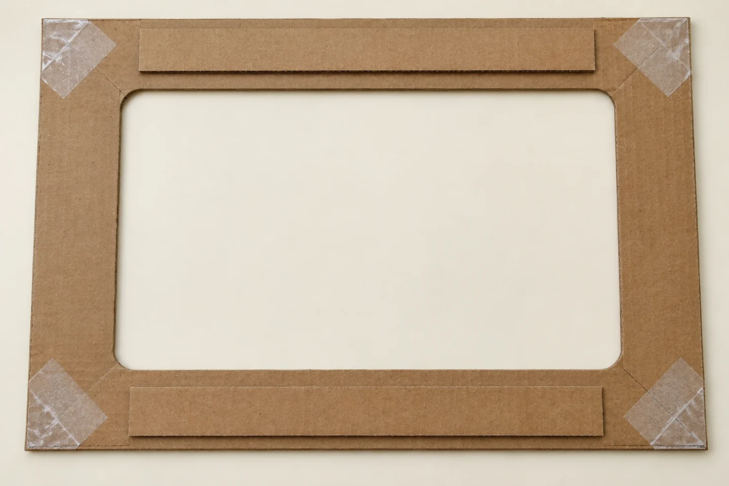 Back view of cut frame: tape reinforces corners and two extra cardboard strips reinforce long sides without crossing center opening