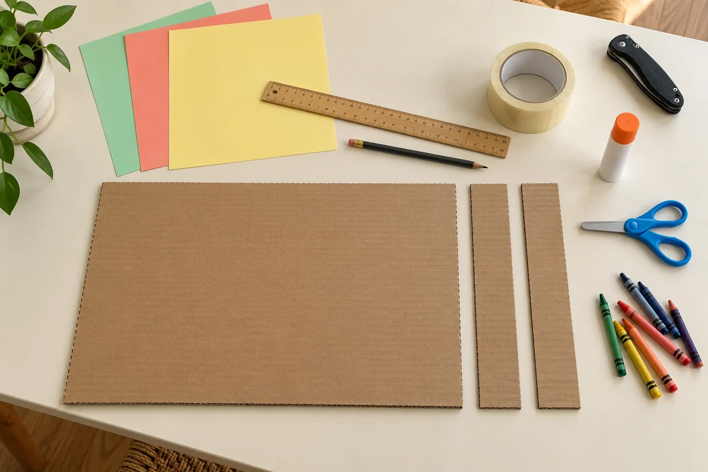 One blank 16 by 20 inch corrugated cardboard piece, extra cardboard strips for reinforcement, ruler, pencil, wide tape, child scissors, blank colored construction paper, glue stick and crayons