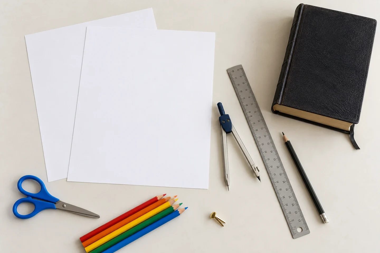 Raw two white cardstock sheets, compass ruler pencil scissors colored pencils one small brass paper fastener and closed Bible, no prepared wheel