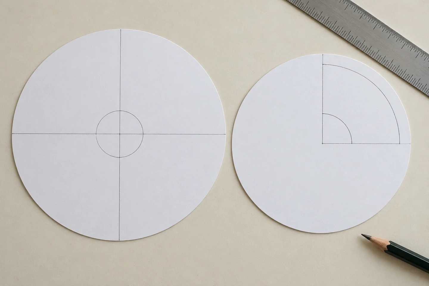 8-inch lower circle with perpendicular pencil lines forming four quarters and a 1-inch central protected circle