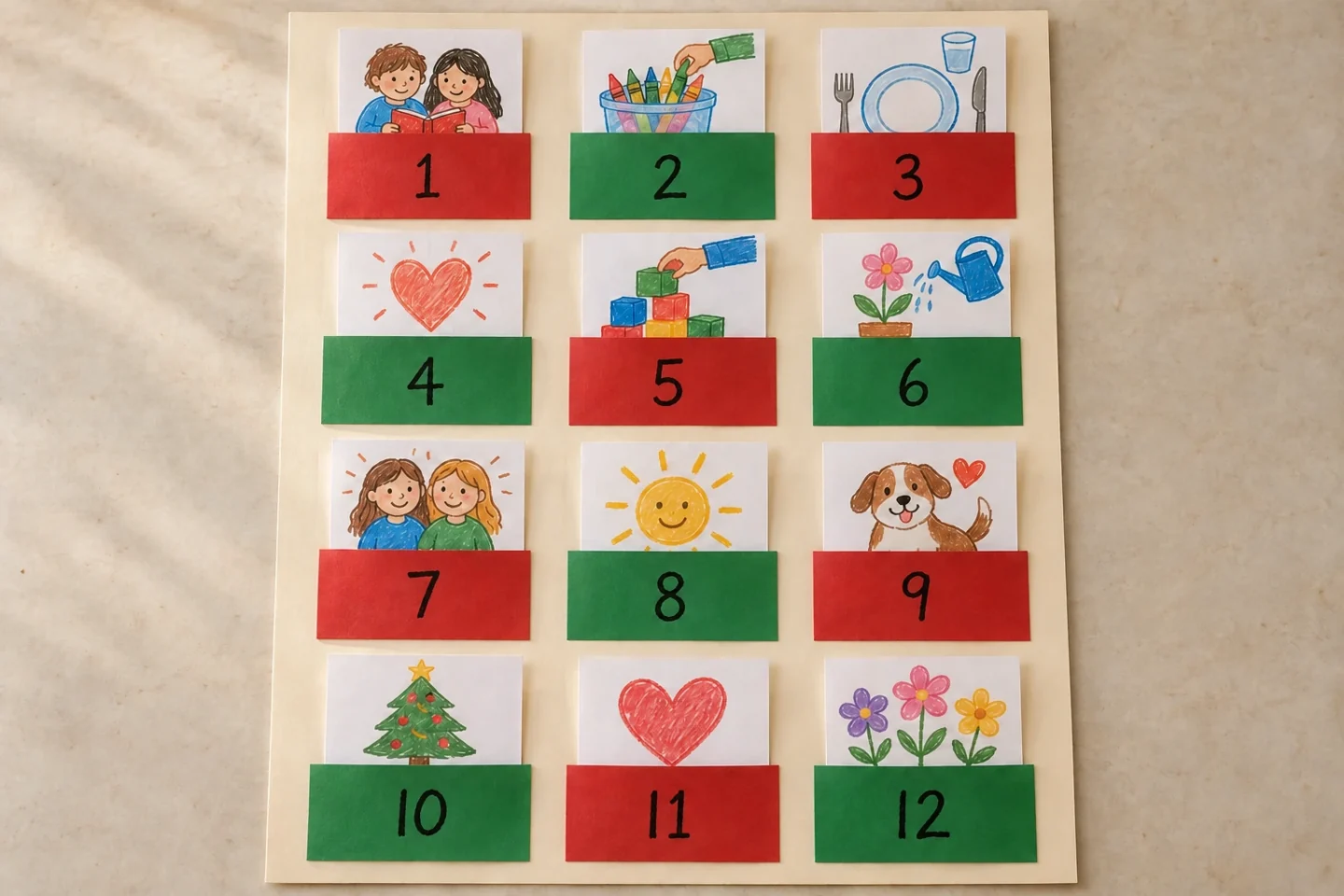 Finished twelve-pocket Christmas kindness board in three columns and four rows, each pocket with a small illustrated action slip visible above its open top