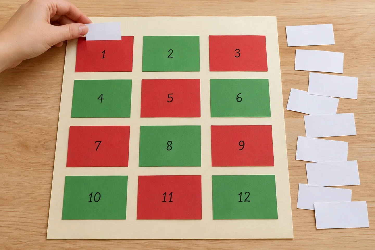 Twelve loose pocket rectangles laid three across and four down on the large backing, with spaces between and one slip checked for fit