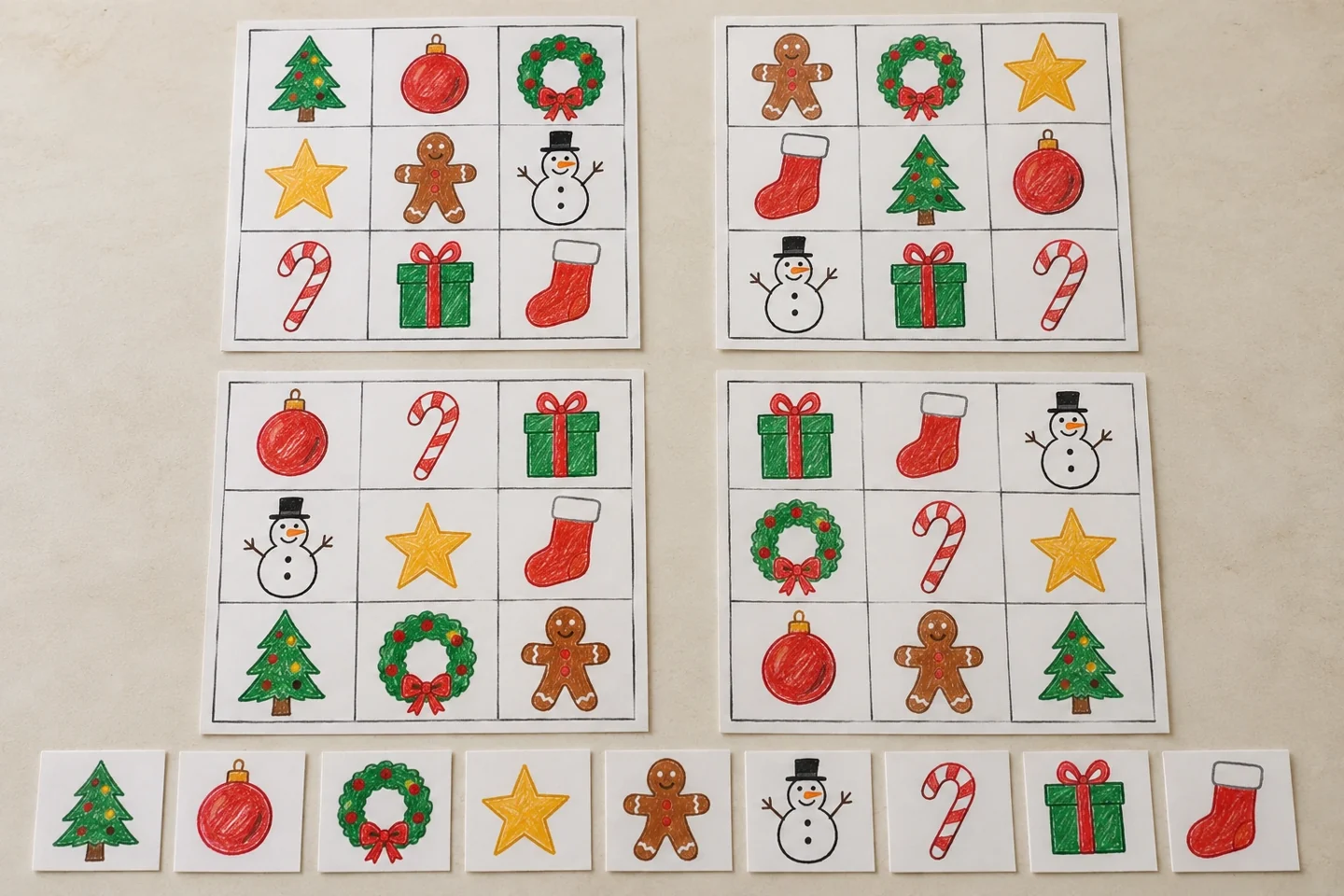 Check that each board has the same nine pictures once, arranged in a different order.
