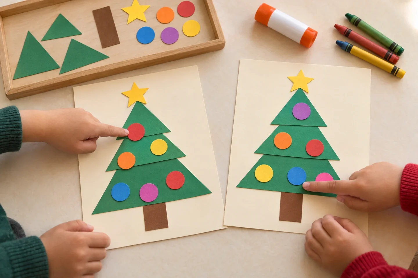 Children comparing two different Christmas tree collages made from the same three triangle sizes at a classroom table