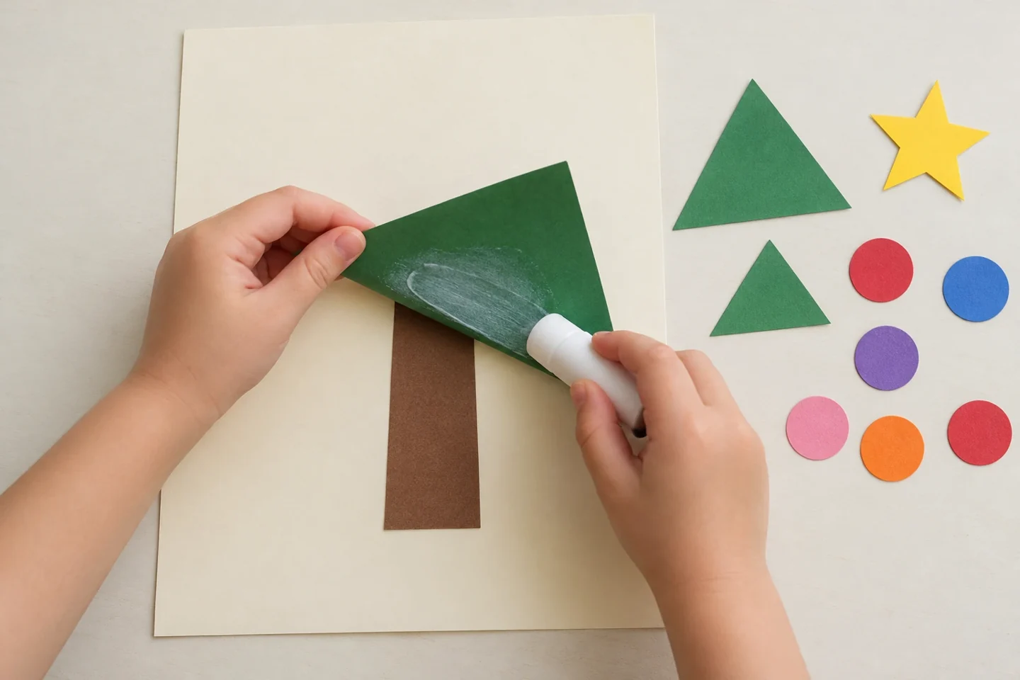Apply glue to the back of the largest triangle before placing it over the trunk.