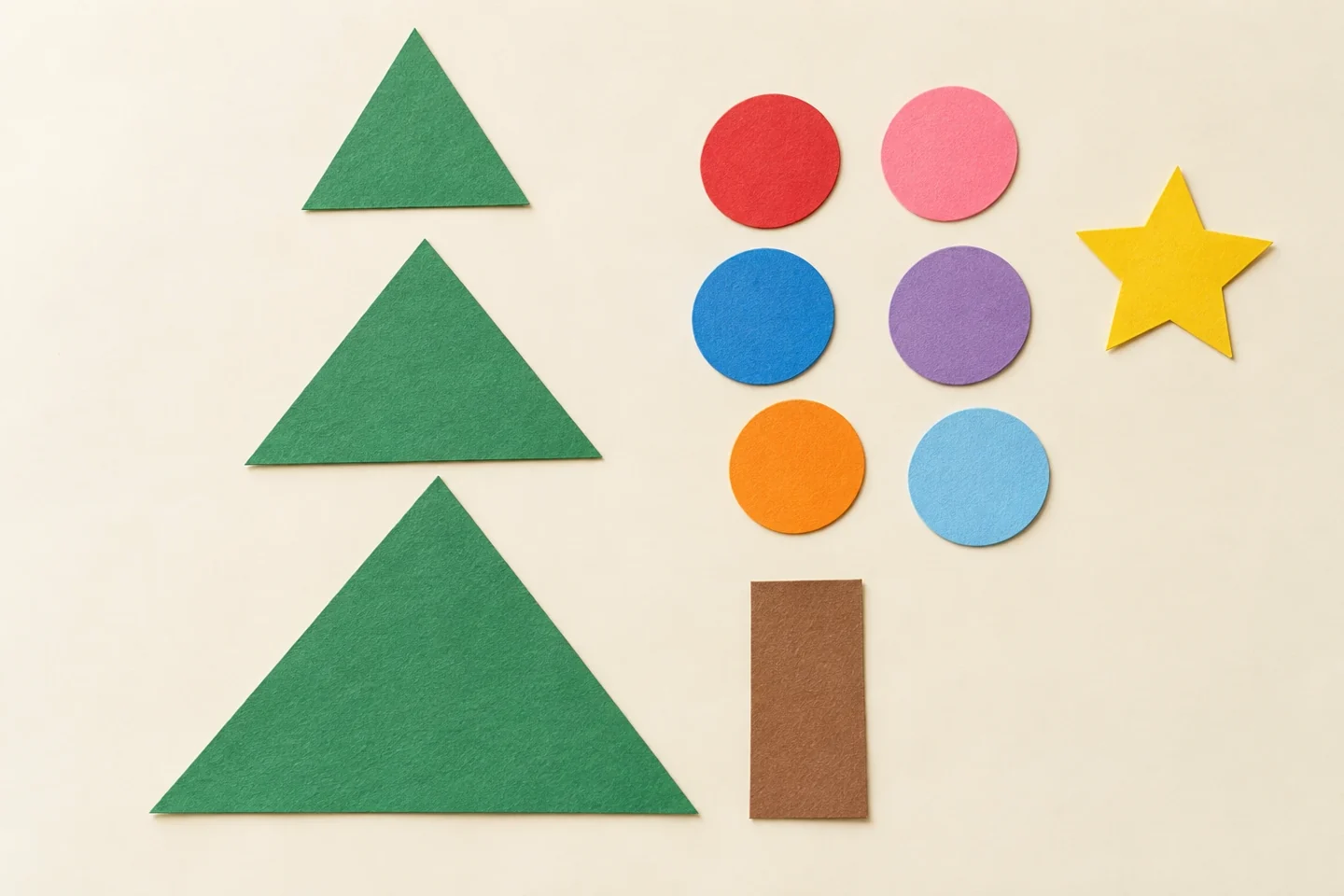 Three loose green triangles with bases three four and five inches, one one-by-two-inch brown trunk, six colored circles and one yellow star, separated