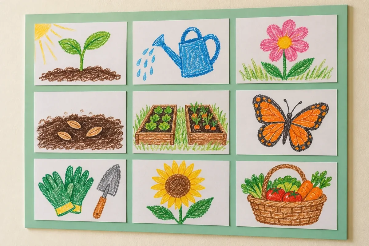 Closeup finished three-by-three display of nine garden-project cards, even one-inch gaps, backing board visible between cards, no overlaps or identifiable details