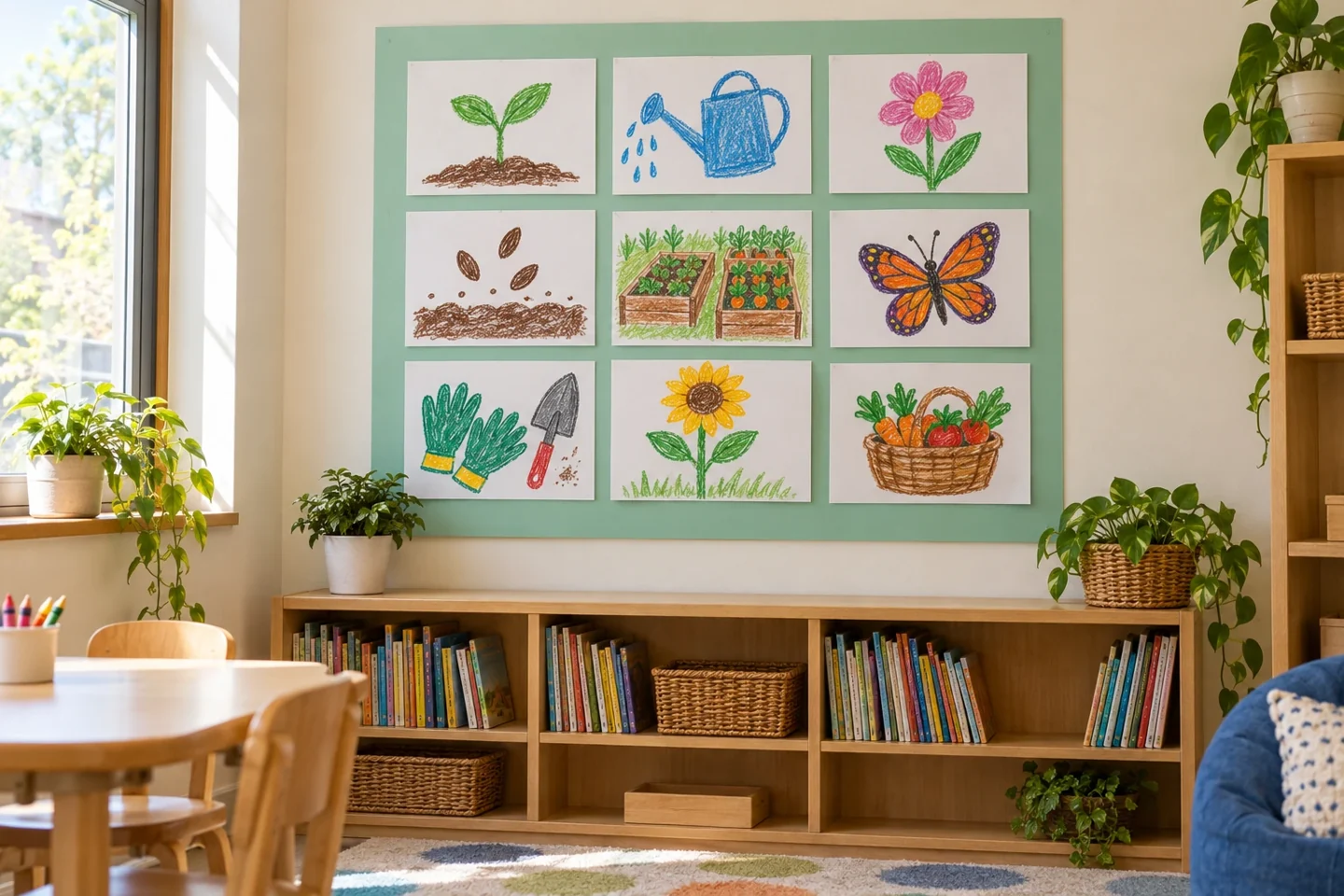 Small nine-card garden-project memory display on mint backing at child eye level above a classroom reading shelf, three-by-three grid, equal spaces and varied drawings, no legible names