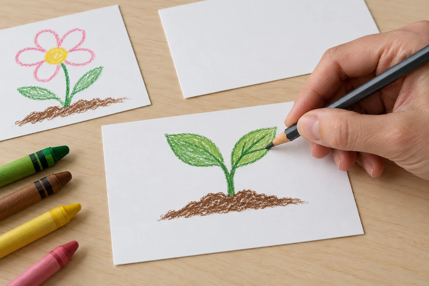 One card with childlike seedling drawing and small reserved caption area, pencil adding picture detail