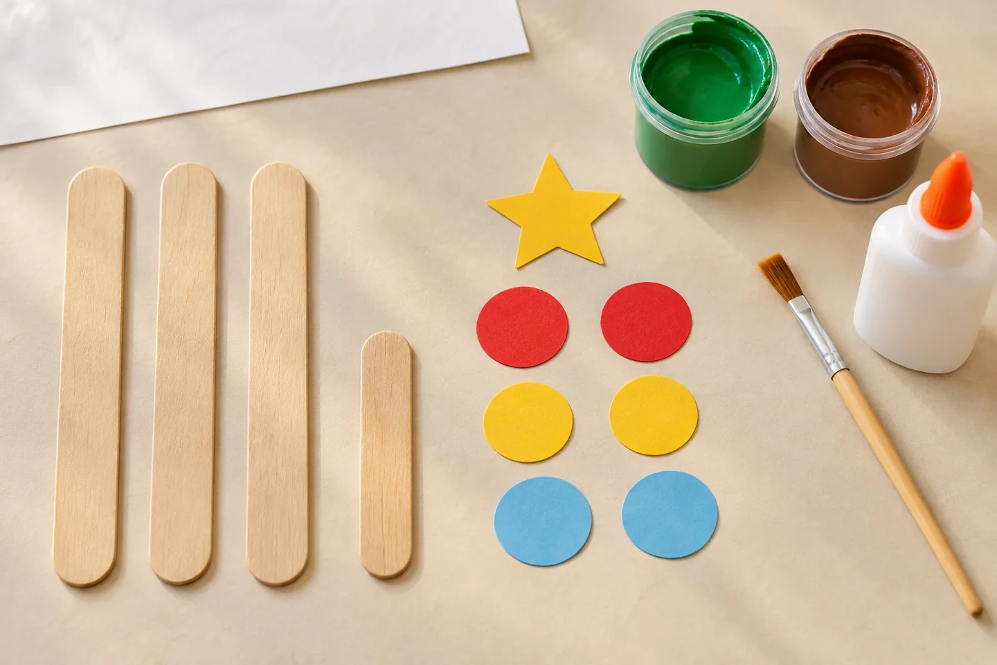 Three equal craft sticks, one shorter trunk stick, washable paint or markers, flat paper circles star, child-safe craft glue small brush scrap sheet; no joined tree