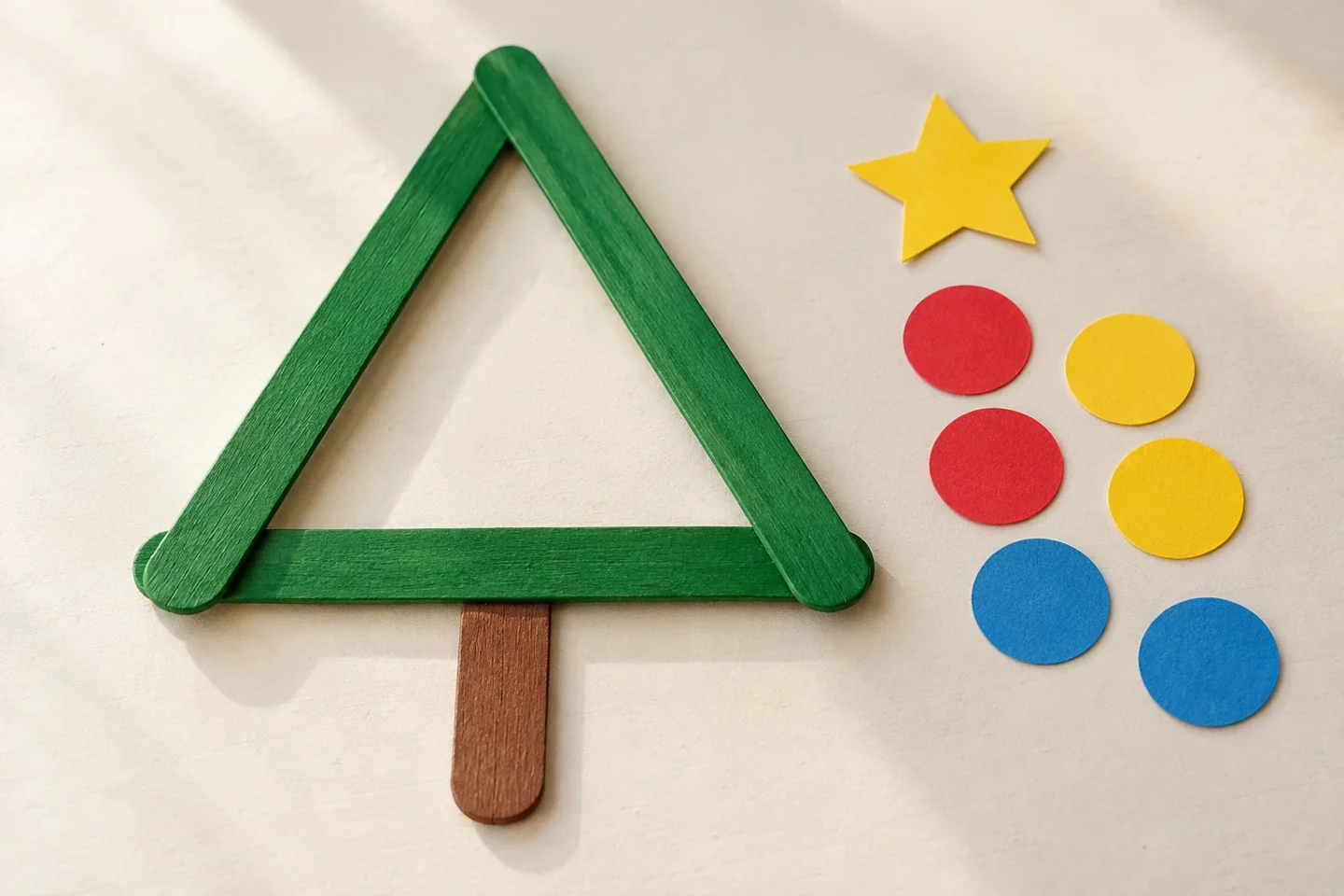 Three dry green sticks loosely arranged in a triangle and one brown short trunk positioned beneath; unglued paper decorations in a side pile