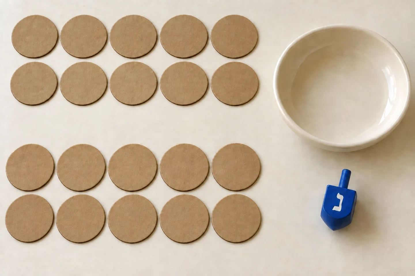 A tidy ready-to-replay game set with twenty large cardboard counters stored beside a real dreidel and shallow bowl; no depicted game winner