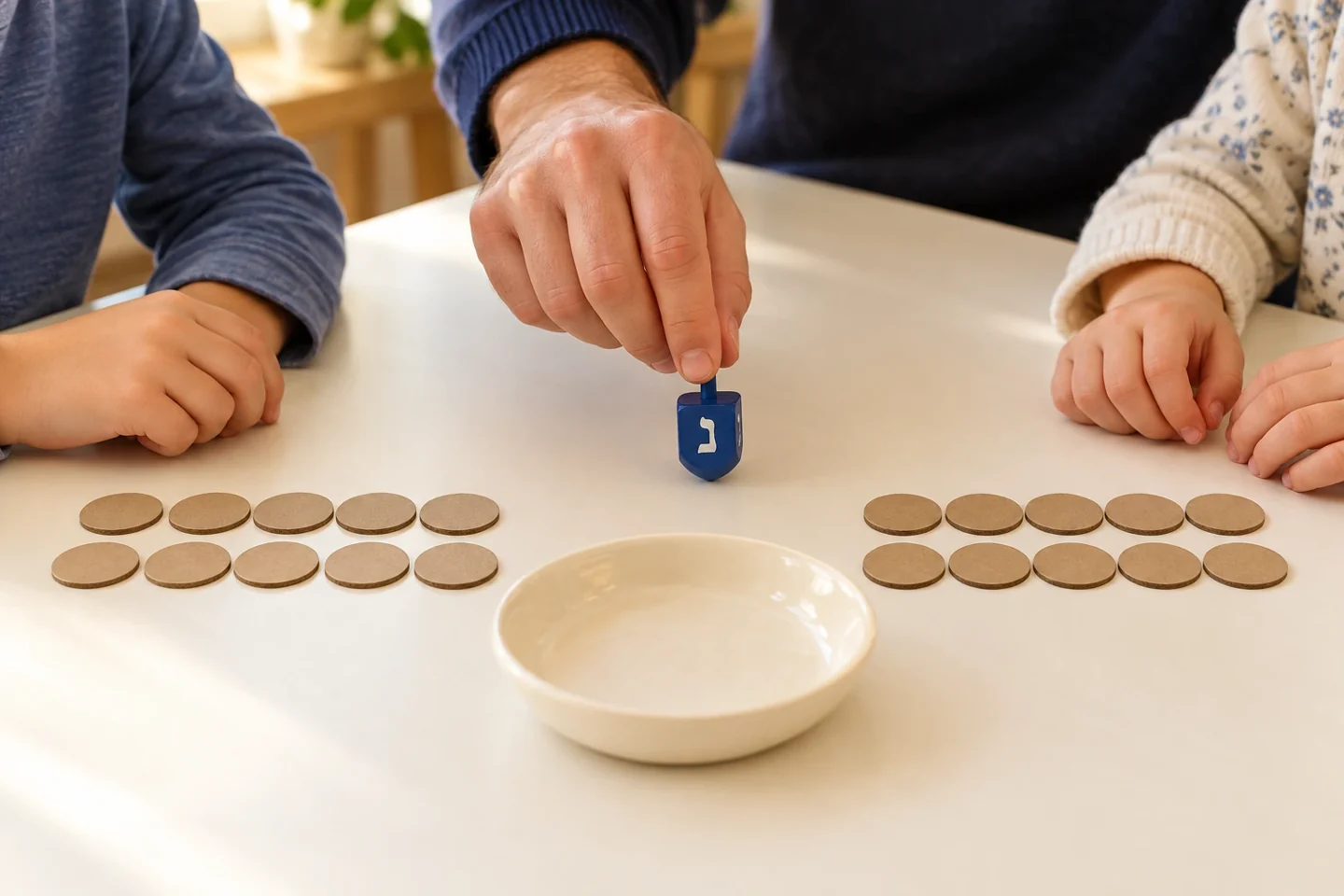 Two children and an adult playing dreidel with large cardboard counters and a shallow shared bowl at a bright table