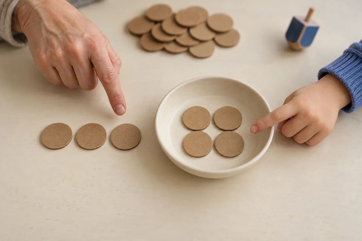 An adult and child dividing a sample pot of seven counters into a taken group of three and remaining group of four; dreidel out of focus