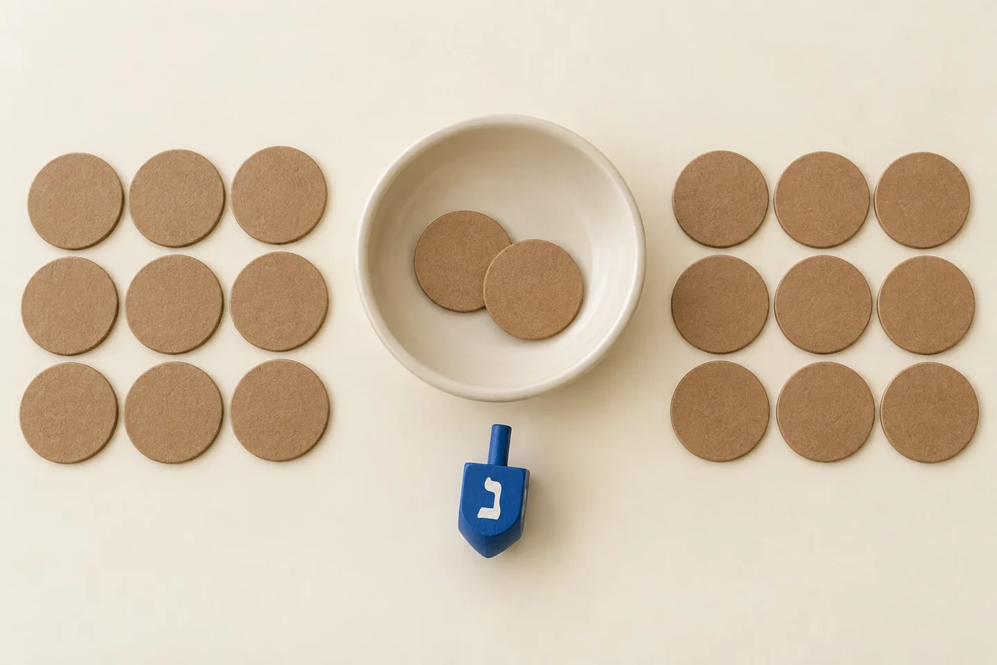 Two player piles of nine counters each and two counters in the central pot after each player contributes one; dreidel set aside
