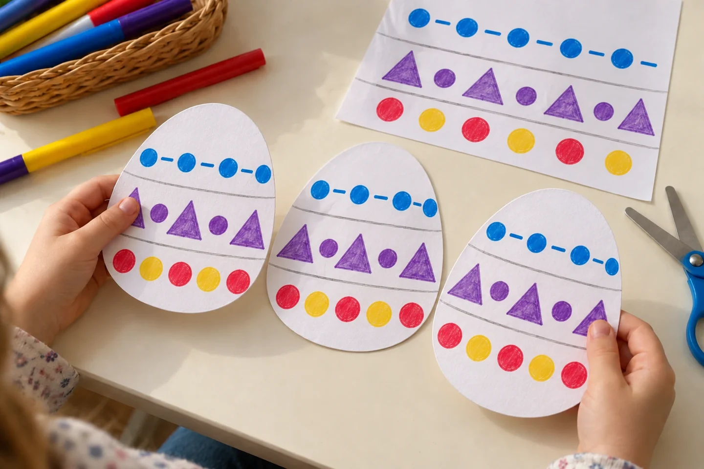 Child hands comparing three paper eggs with repeating blue dot-line, purple triangle-circle, and red-yellow patterns