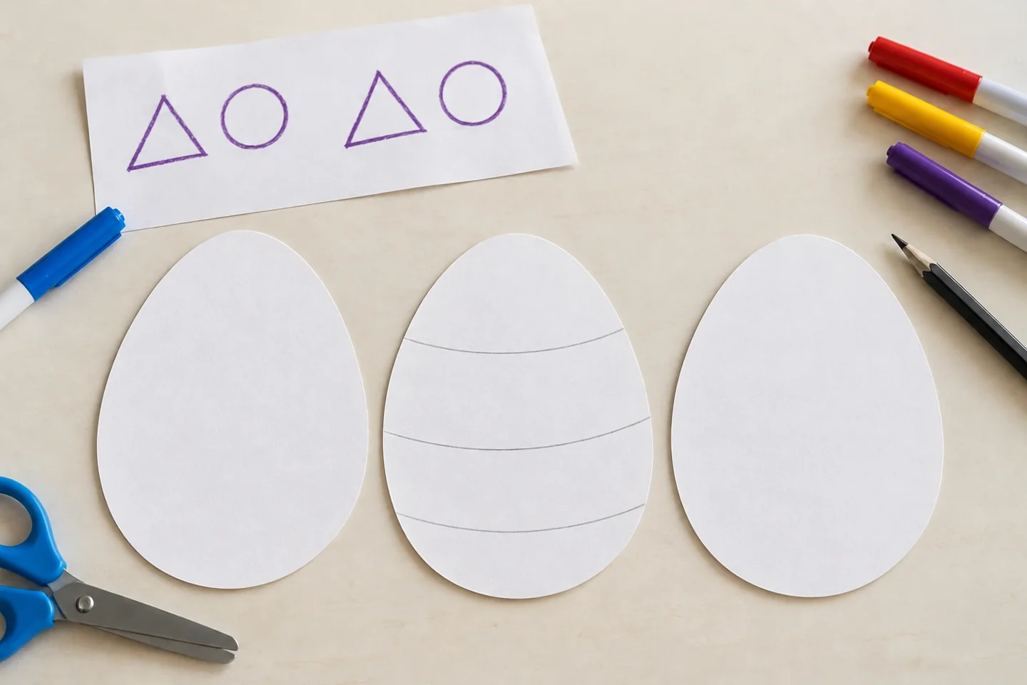 Three plain cut paper egg shapes each 7 inches tall, one with three lightly pencilled curved bands