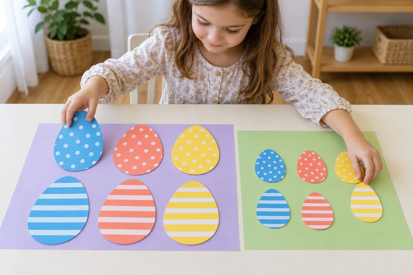 Child hands rearranging twelve large paper eggs from three color groups into two size groups on plain sorting mats